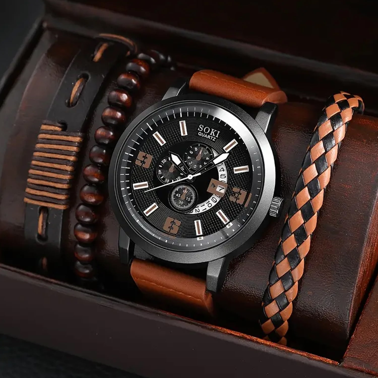 Mens Watches Bracelet Set Luxury Gold Stainless Steel Watch Men Business  Casual Quartz Wrist Watch Leather Belt Sport Chronograph Clock Reloj Hombre  | Wish
